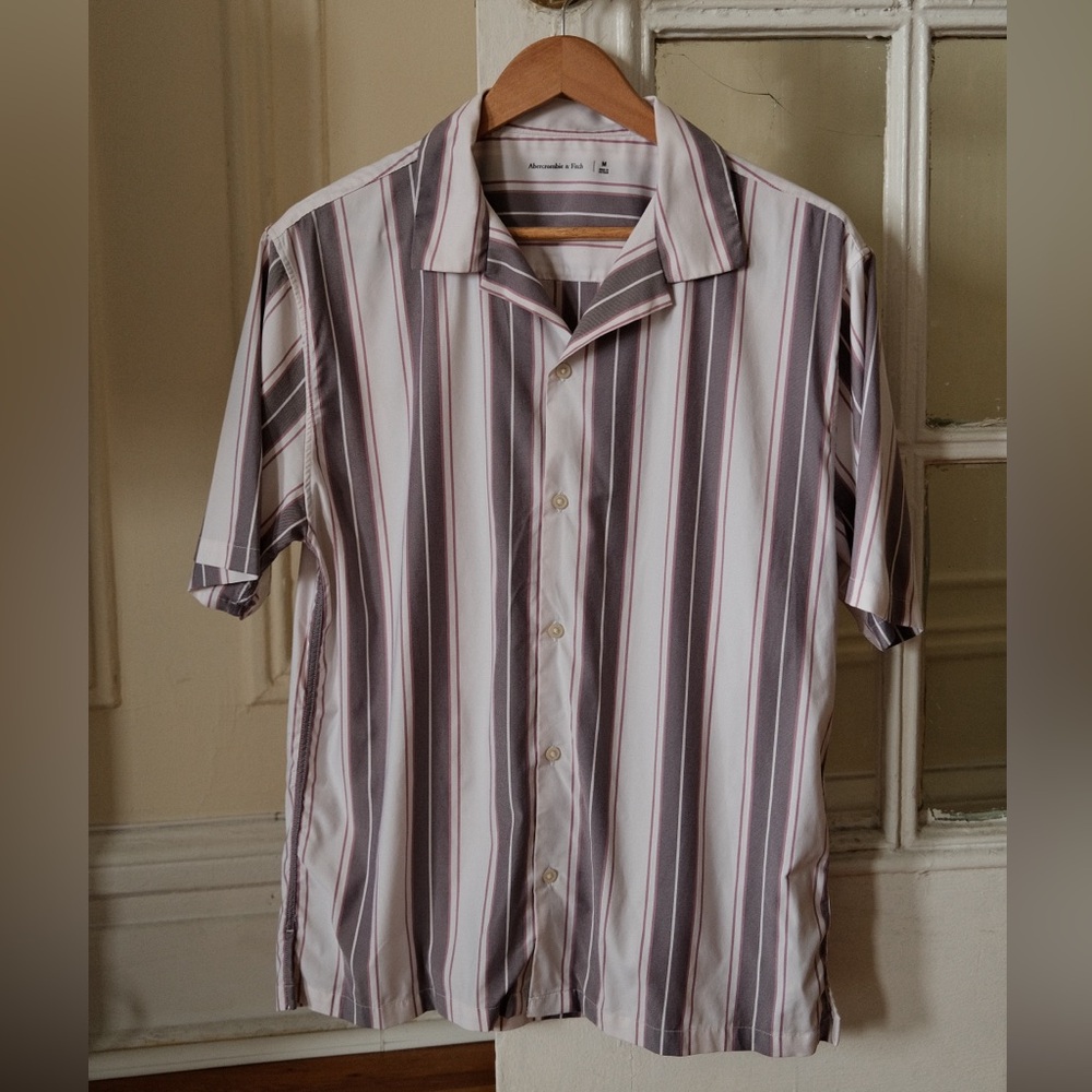 Abercrombie & Fitch Men's Striped Shirt - White, Gray, and Purple